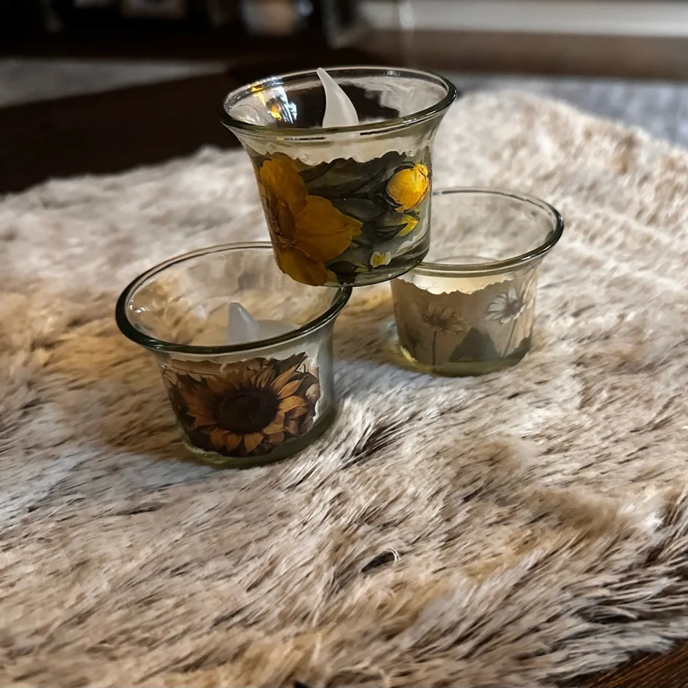 Hand Crafted Yellow and Cream Floral Glass Candle Holders